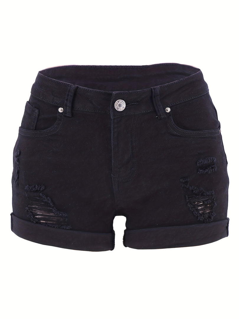 Women's Ripped Denim Shorts High Waist Distressed Cuffed Hem Casual Street Style