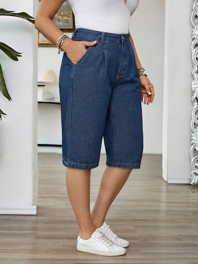 Women's Blue Denim Bermuda Jean Shorts High Waist Pleated Wide Leg