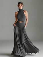 Load image into Gallery viewer, Women's Gray Maxi Dress Turtleneck Halter Cutout Waist Ruched Skirt Sleeveless Formal Style
