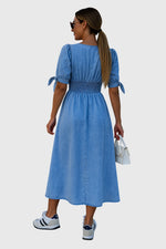 Load image into Gallery viewer, Women's Denim Midi Dress V-Neck Button Front Tie Sleeve Casual Style
