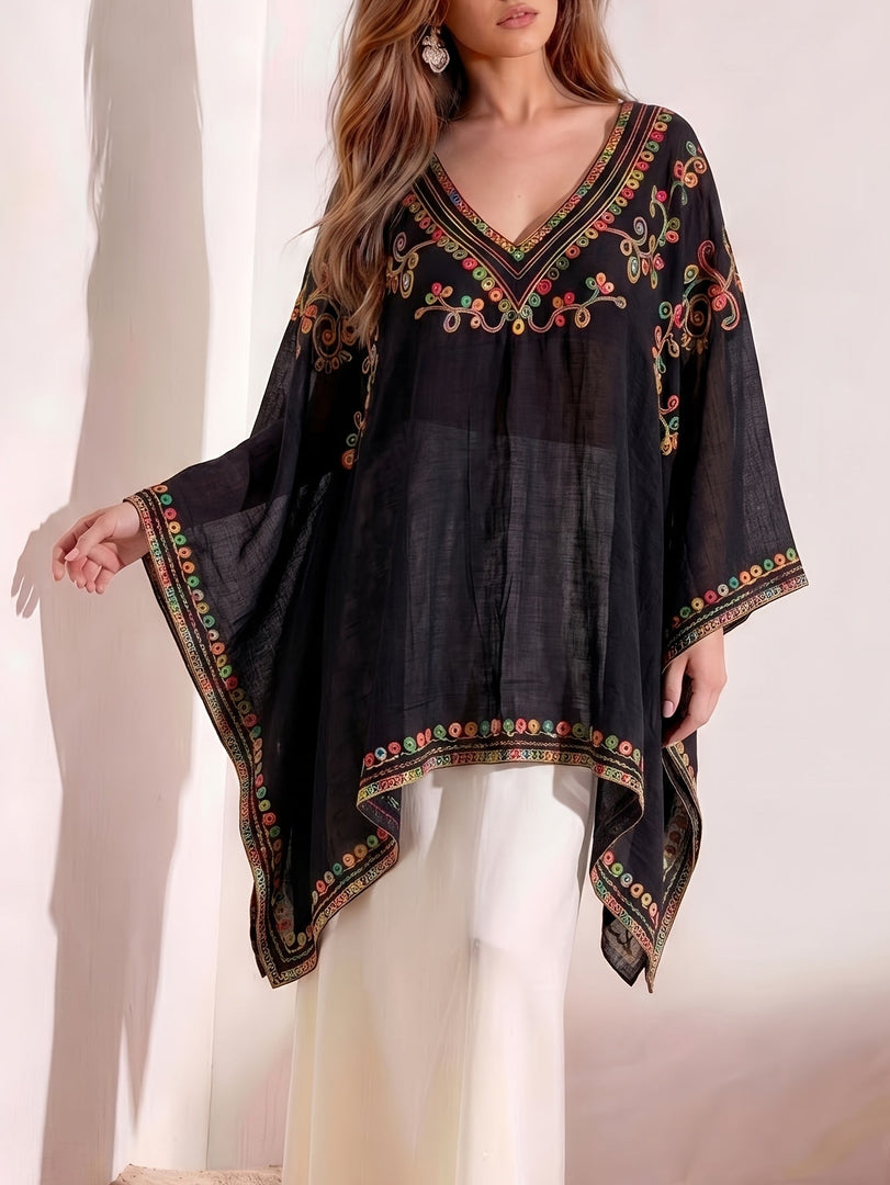 Women's Poncho Shirt V Neck Embroidered Trim Draped Kaftan Style