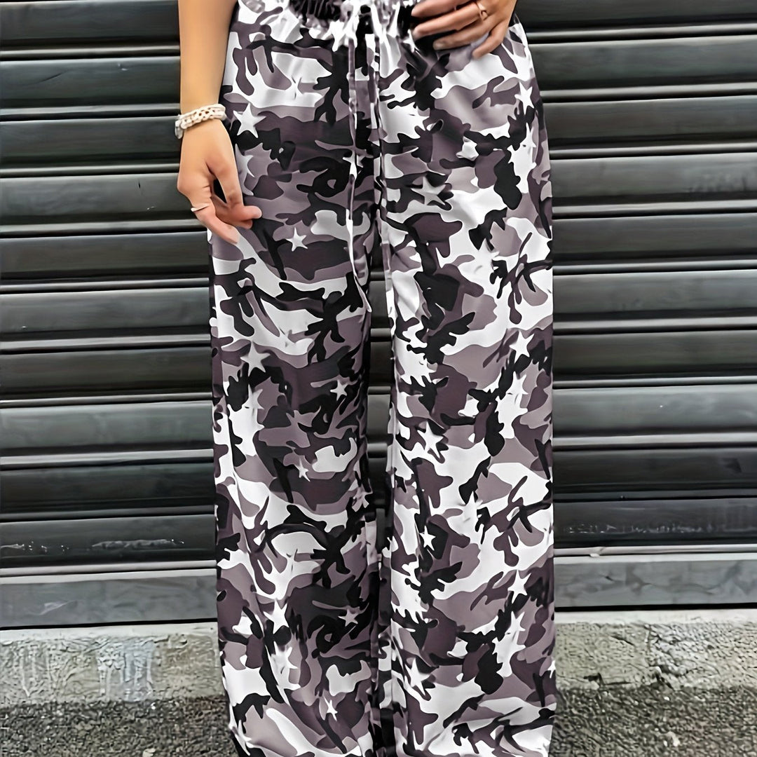 Women's Camo Cargo Pants Wide Leg Drawstring Waist Baggy Fit