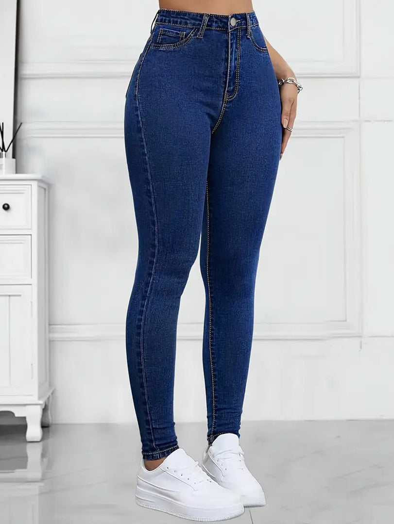 Women's Dark Blue Relaxed Skinny Jeans High Waist Slim Fit Stretch Denim