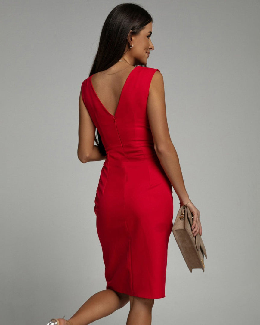 Women's Red Midi Dress V-Neck Draped Ruched Bodycon Side Slit Formal Wedding Guest Style