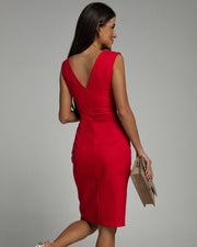 Women's Red Midi Dress V-Neck Draped Ruched Bodycon Side Slit Formal Wedding Guest Style