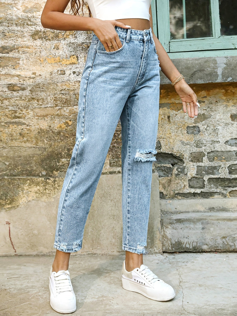 Women's Blue Relaxed Mom Jeans High Waist Distressed Tapered Leg