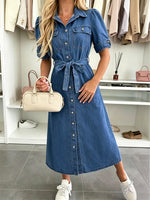 Load image into Gallery viewer, Women's Blue Denim Dress Button Front Belted Puff Sleeve
