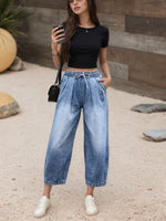 Load image into Gallery viewer, Effortless Relaxed Light Blue Barrel Jeans for Women with High Waist Cinched Ankle
