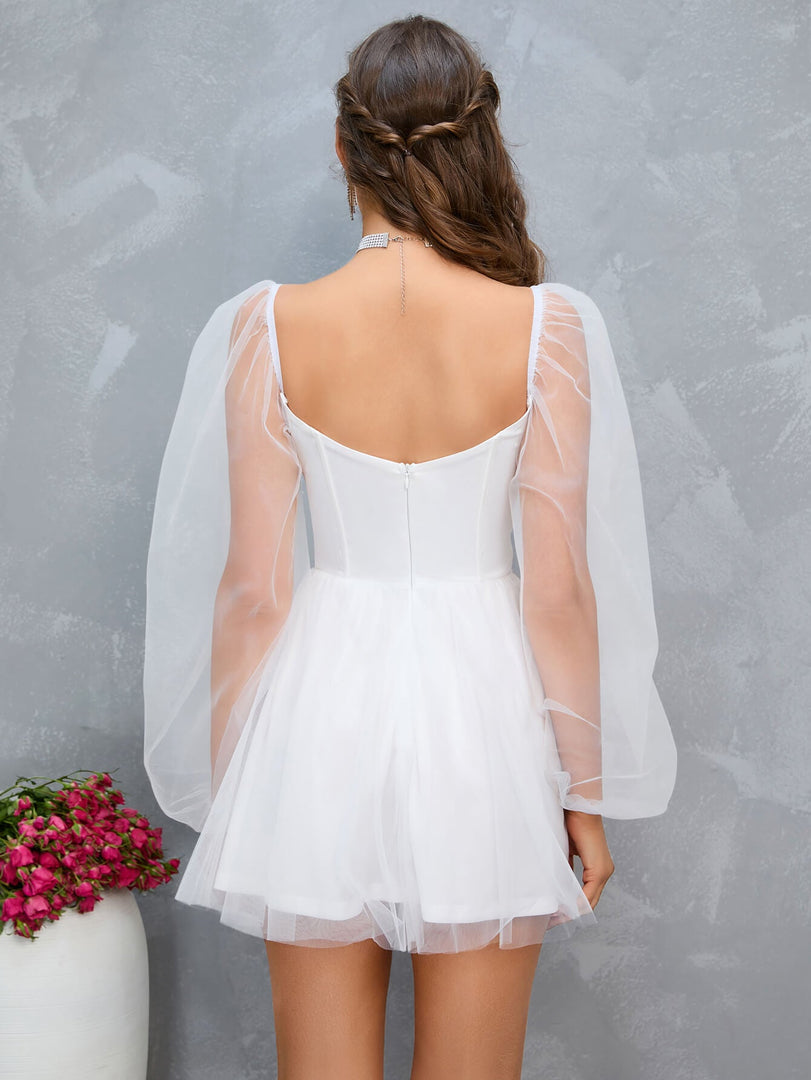 Sweetheart Neck Lantern Sleeve Mesh Overlay Bustier Dress | Wedding Guest Dress
