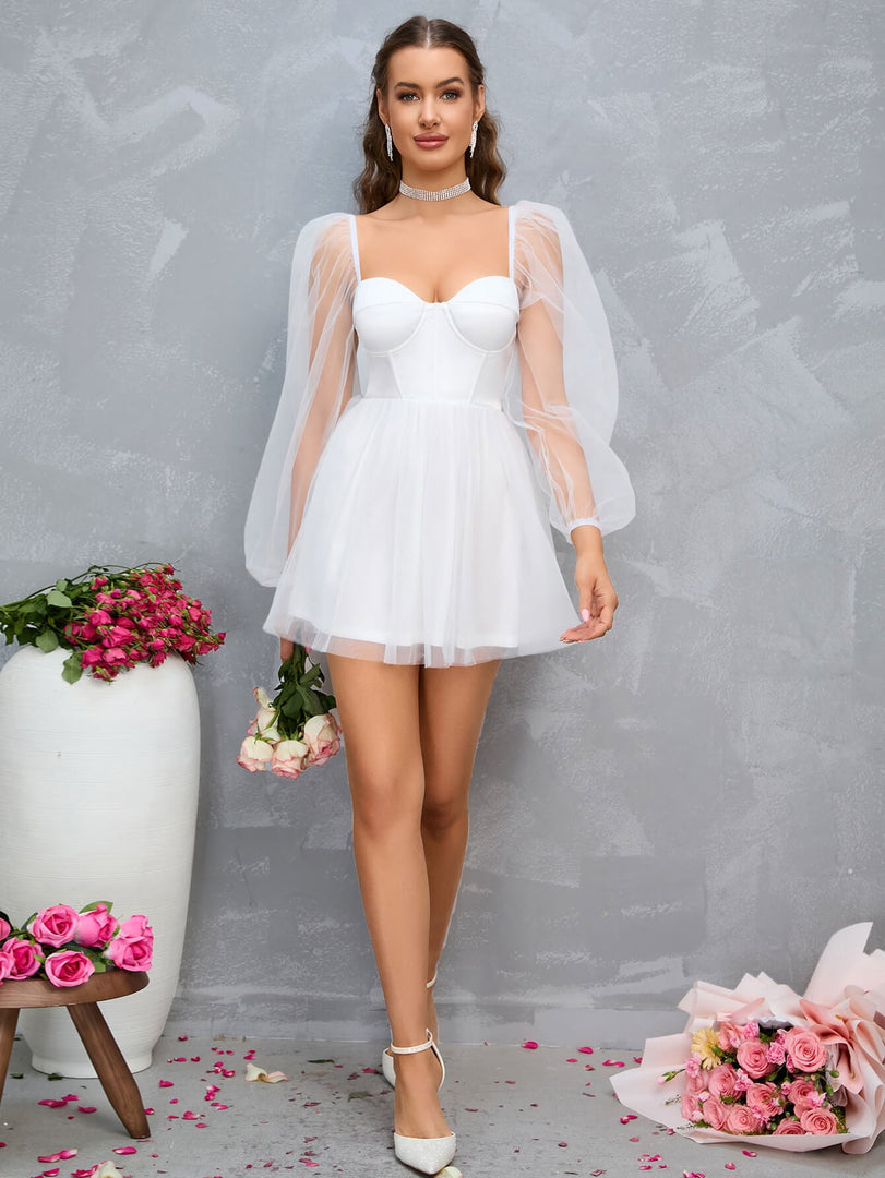 Sweetheart Neck Lantern Sleeve Mesh Overlay Bustier Dress | Wedding Guest Dress