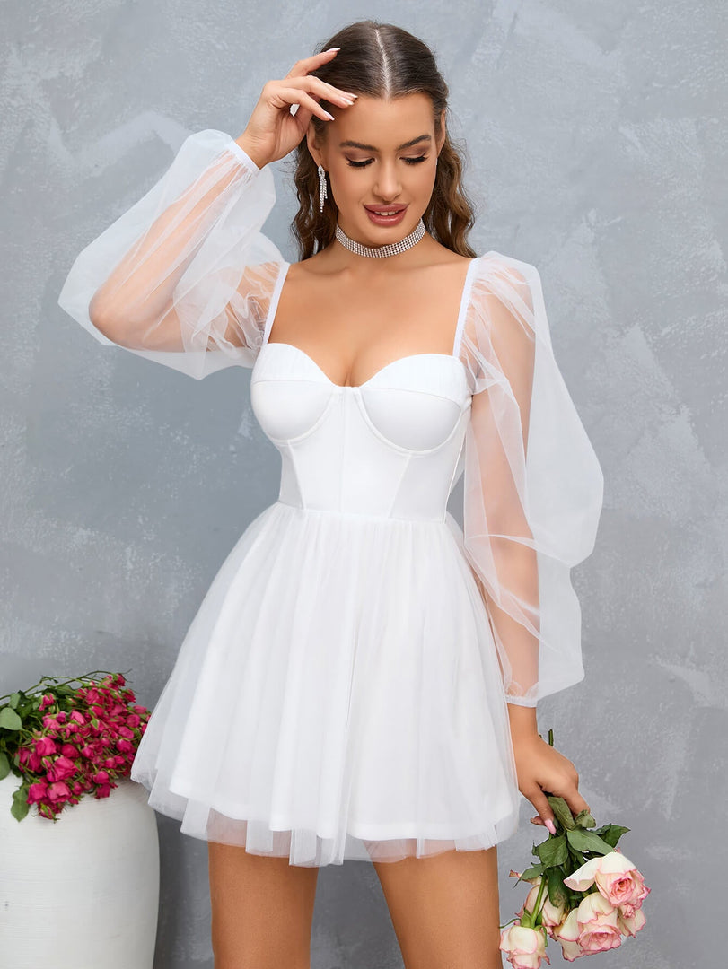 Sweetheart Neck Lantern Sleeve Mesh Overlay Bustier Dress | Wedding Guest Dress