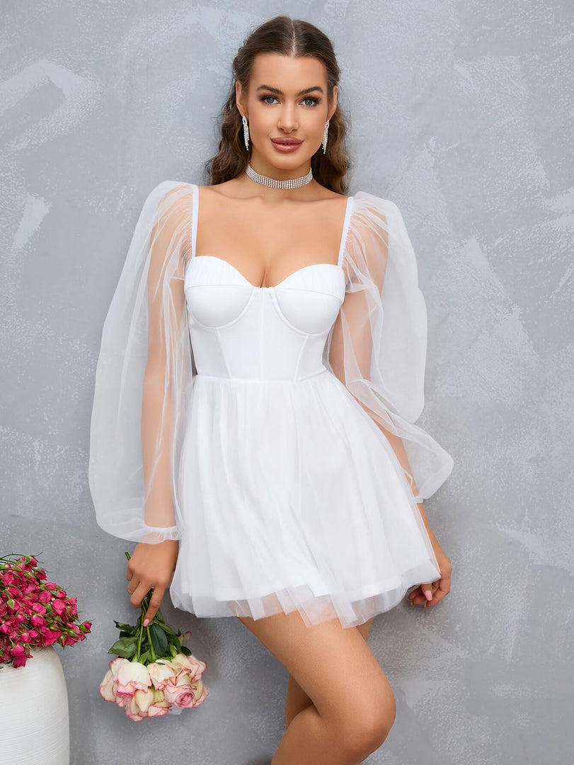 Sweetheart Neck Lantern Sleeve Mesh Overlay Bustier Dress | Wedding Guest Dress