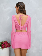 See Through Trumpet Sleeve Sequin Mesh Crop Top & Skirt | Formal Event & Homecoming Two-Piece Set