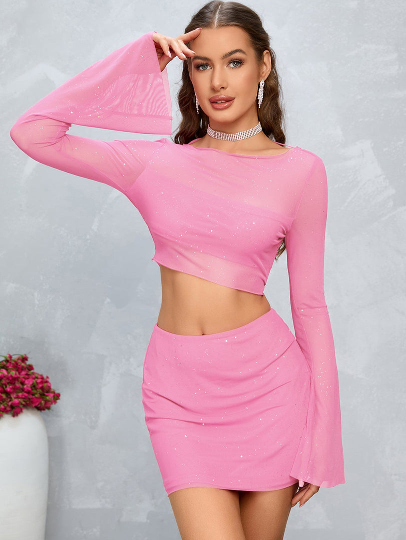 See Through Trumpet Sleeve Sequin Mesh Crop Top & Skirt | Formal Event & Homecoming Two-Piece Set