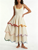 Load image into Gallery viewer, Women's White Tiered Maxi Dress Rainbow Trim Sleeveless Ruffle
