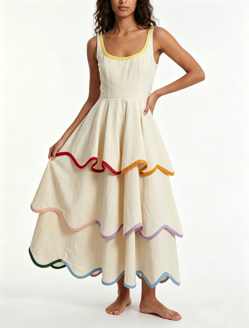 Women's White Tiered Maxi Dress Rainbow Trim Sleeveless Ruffle White / M/US 6-8