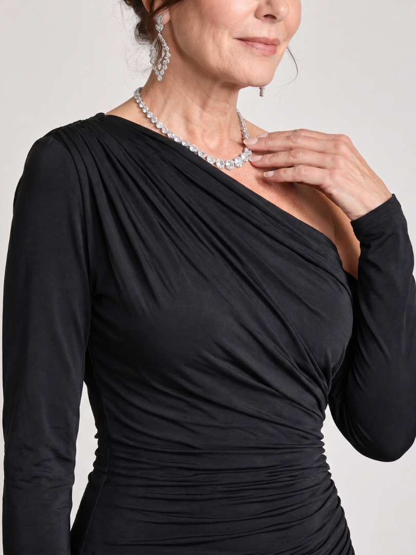 Women's Black Maxi Dress One Shoulder Long Sleeve Ruched Fitted Formal Wedding Guest Style