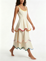 Women's White Tiered Maxi Dress Rainbow Trim Sleeveless Ruffle
