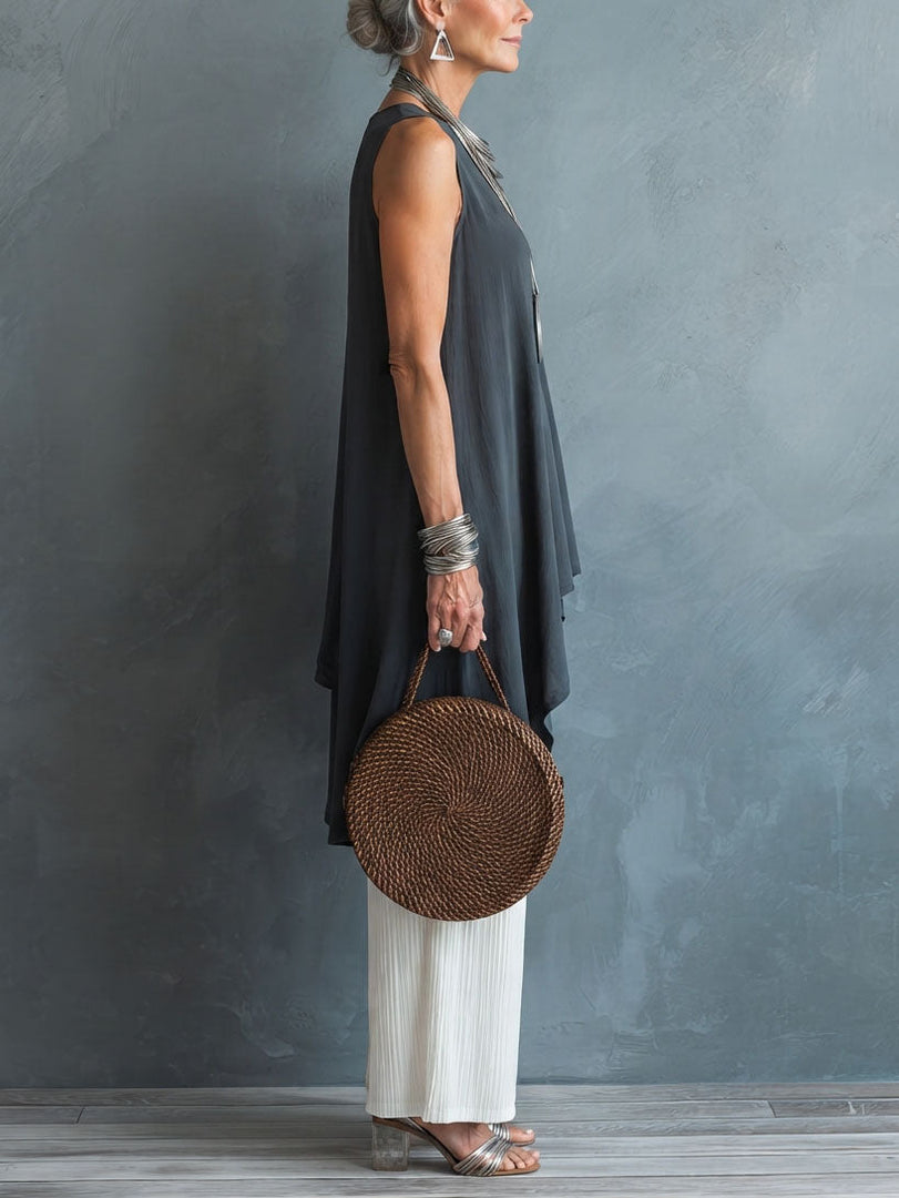 Women's Gray Sleeveless Tunic High Low Hem Flowy Draped Style