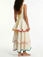 Load image into Gallery viewer, Women's White Tiered Maxi Dress Rainbow Trim Sleeveless Ruffle
