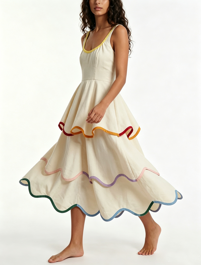 Women's White Tiered Maxi Dress Rainbow Trim Sleeveless Ruffle