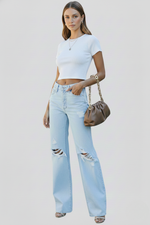 Load image into Gallery viewer, Women's Relaxed Light Blue High Waisted Jeans Distressed Straight Style
