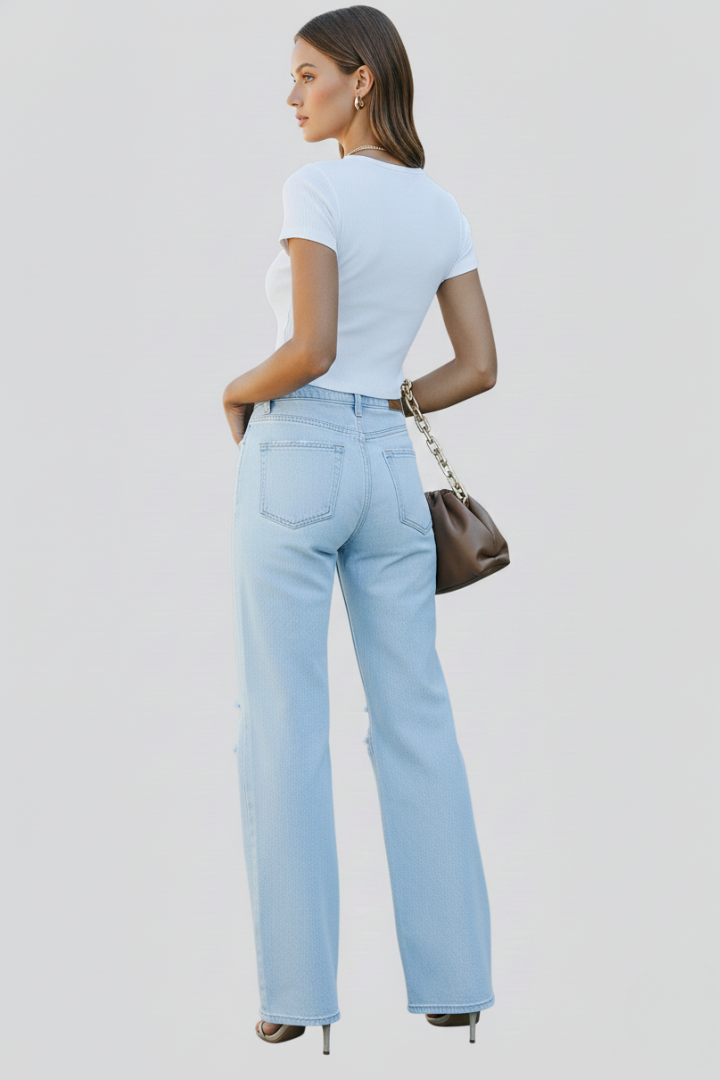 Women's Relaxed Light Blue High Waisted Jeans Distressed Straight Style