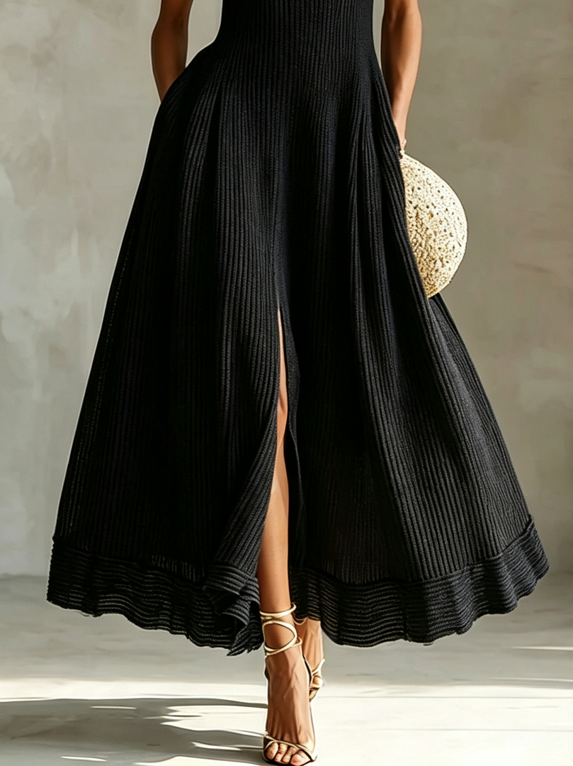 Women's Black Knit Maxi Dress Turtleneck Sleeveless High Slit Flowy a Line Style