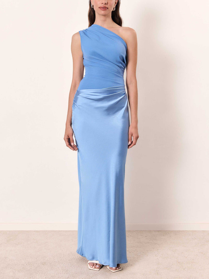 Women's Satin Maxi Dress One Shoulder Ruched Waist Bias Cut Formal Wedding Guest Style