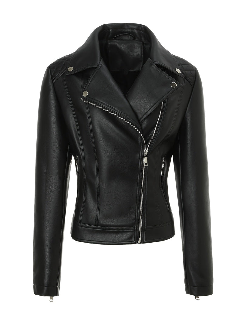 Women's Leather Moto Jacket Notch Lapel Asymmetric Zip Front Fitted Style