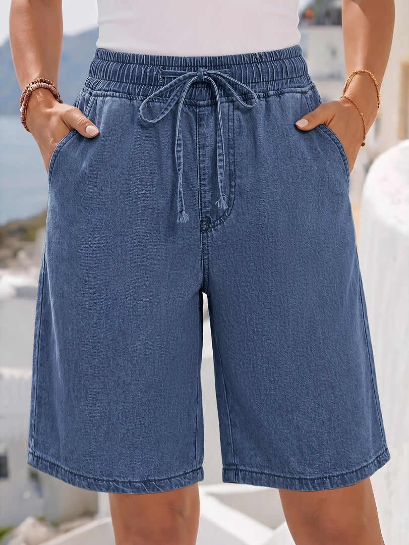 Women's Blue Jean Shorts High Waist Drawstring Pocket Bermuda Style