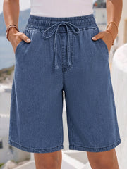 Women's Blue Jean Shorts High Waist Drawstring Pocket Bermuda Style