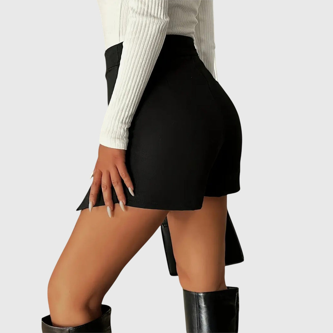 Women's Black Mini Skirt High Waist Asymmetric Split Hem Fitted Pencil Casual Style