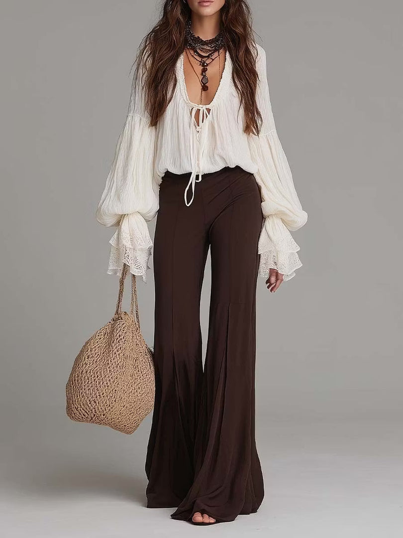 Women's Two Piece Set Lace Up Blouse Wide Leg Flare Pants Boho Style
