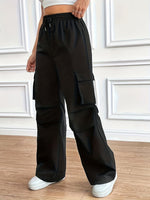 Load image into Gallery viewer, Women's Black Cargo Pants High Waist Drawstring Wide Leg Relaxed Style
