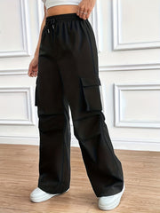Women's Black Cargo Pants High Waist Drawstring Wide Leg Relaxed Style