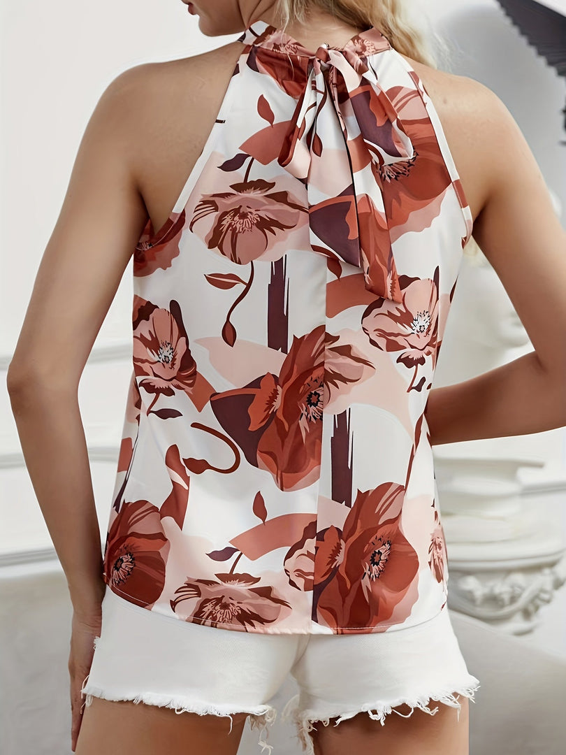 Women's Floral Halter Top Mock Neck Detail