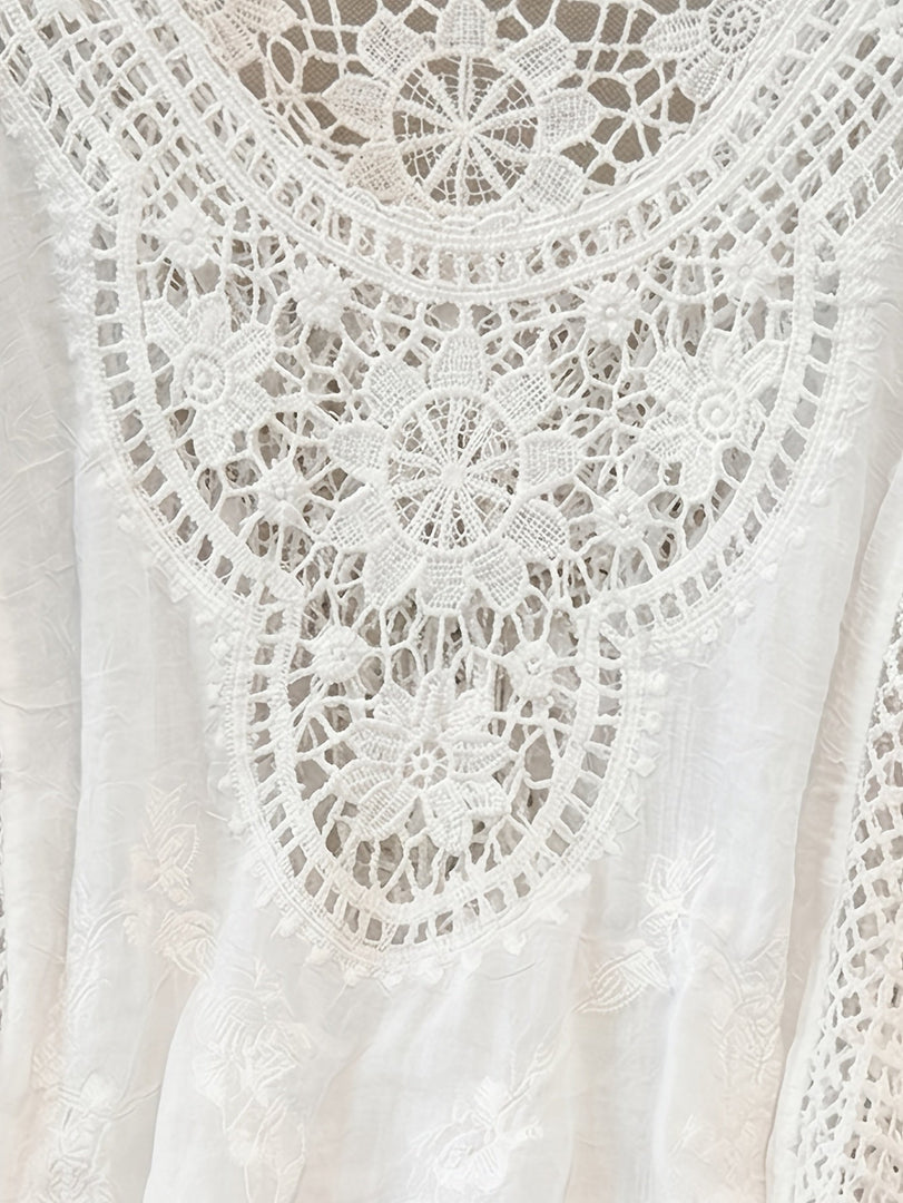 Women's Cream Poncho Shirt Crochet Lace Fringe Hem Draped Style