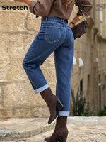 Load image into Gallery viewer, Women's Deep Blue Relaxed Mom Jeans High Waist Cuffed Straight Leg
