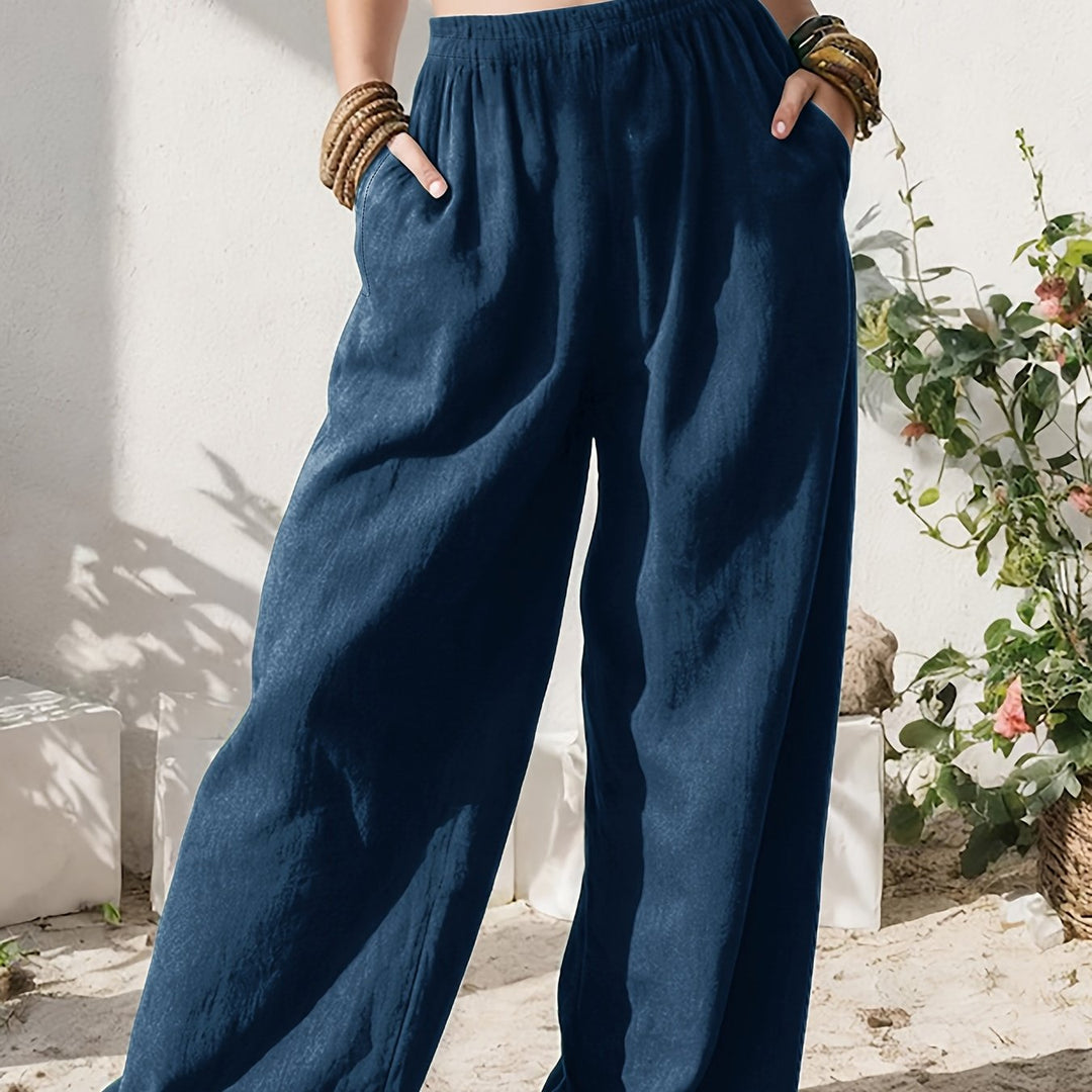 Women's Linen Wide Leg Pants High Waist Pocket Flowing Relaxed Casual Style