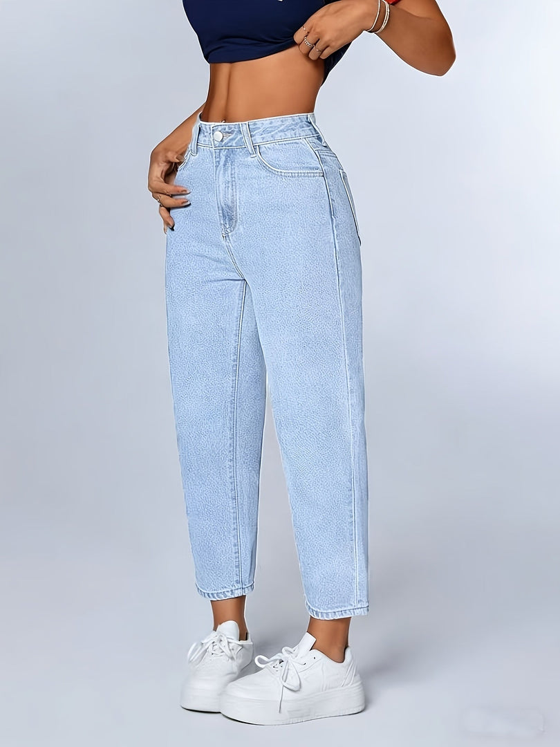 Women's Light Blue Relaxed Mom Jeans High Waist Tapered Cuffed Hem