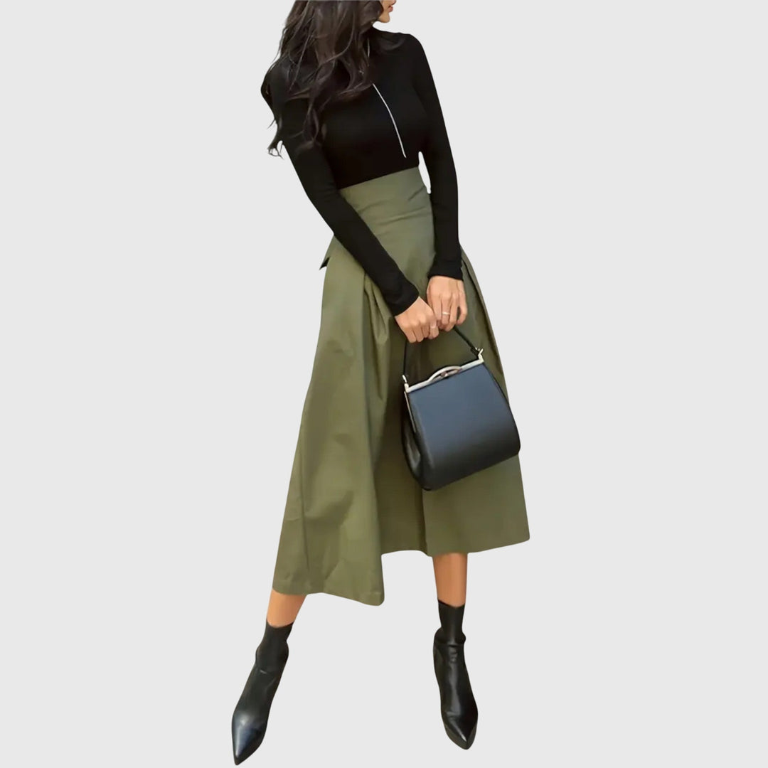 Women's Green Midi Skirt High Waist a Line Pleated Wrap Front Casual Style