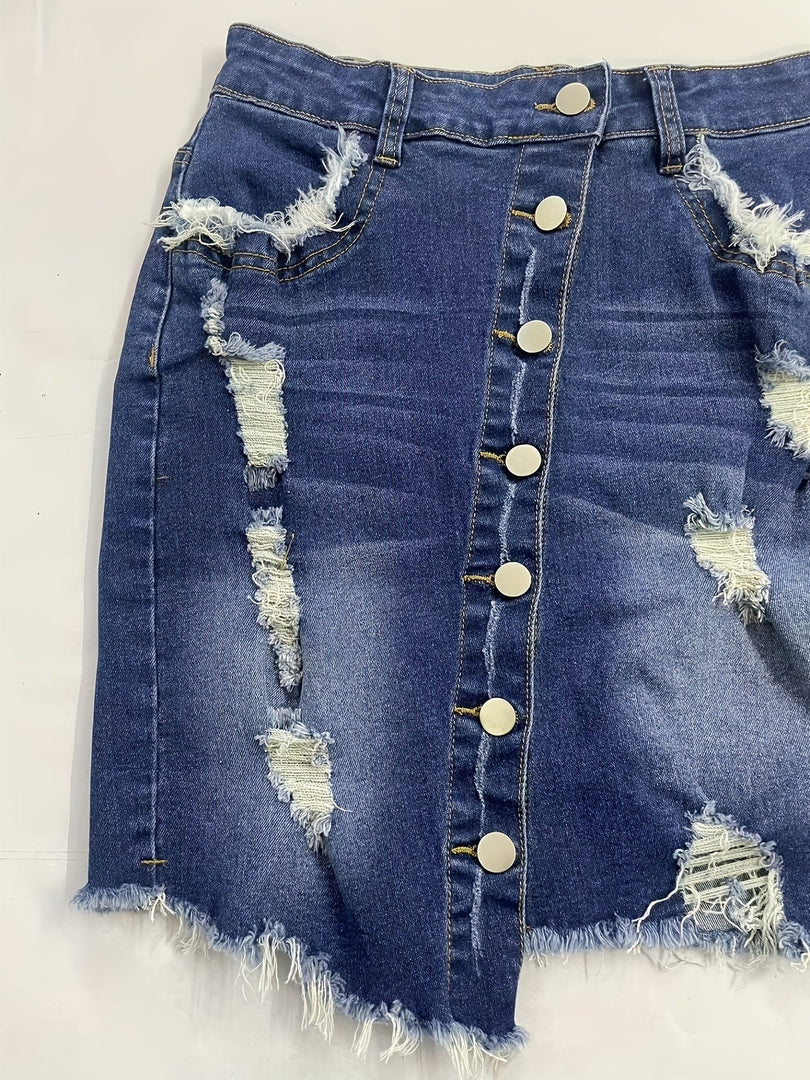 Women's Blue Denim Mini Skirt High Waist Ripped Button Front Raw Hem Jean Skirt Style