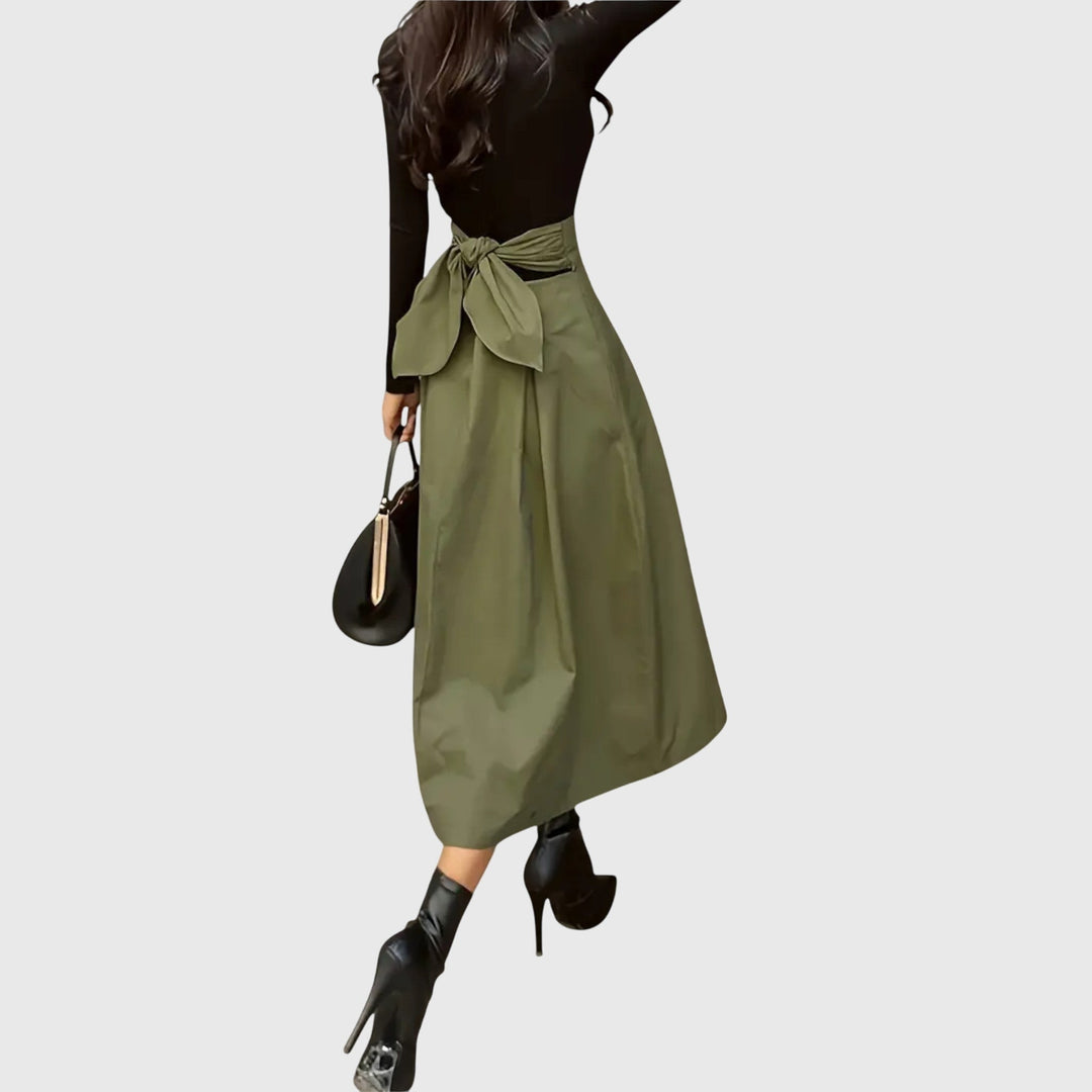 Women's Green Midi Skirt High Waist a Line Pleated Wrap Front Casual Style