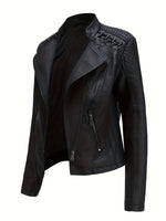 Load image into Gallery viewer, Women's Leather Moto Jacket Notch Lapel Zip Front Studded Shoulder
