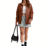 Load image into Gallery viewer, Women's Leather Jacket Button Front Collared Oversized Shacket Style
