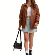 Women's Leather Jacket Button Front Collared Oversized Shacket Style