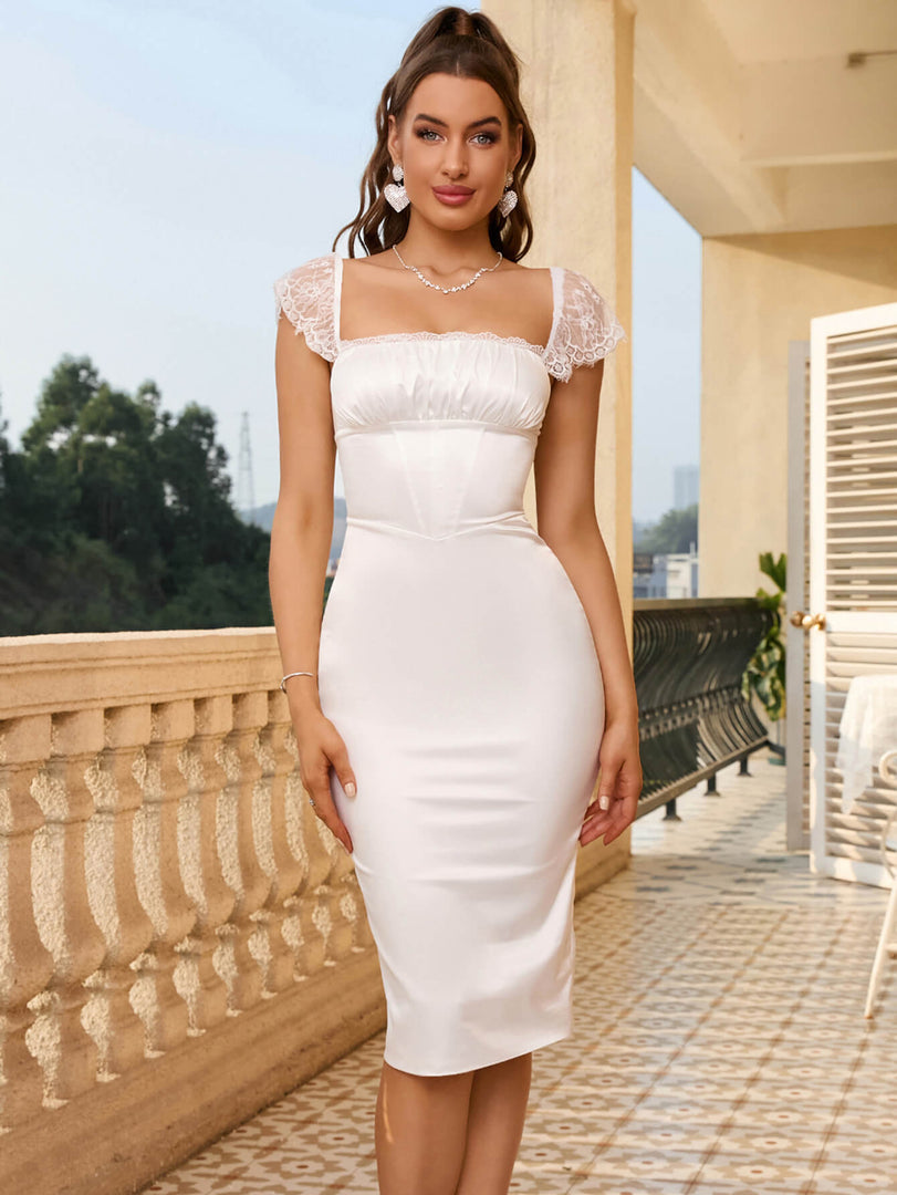 Contrast Lace Lace Up Back Satin Bodycon Dress | Wedding Guest Dress