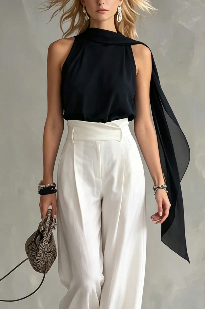 Women's Black Halter Top Draped Cowl Neck Flowy Cape Style