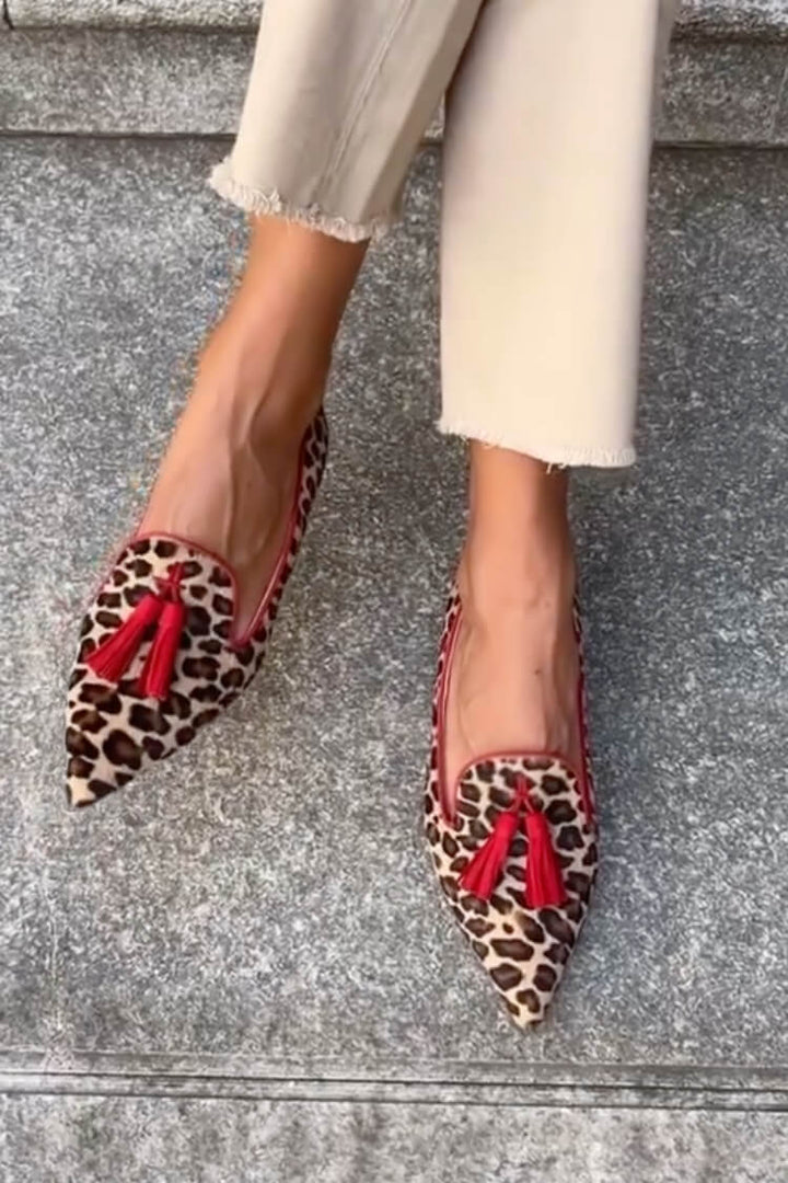 Women's Leopard Print Flats Tassel Detail Pointed Toe Style